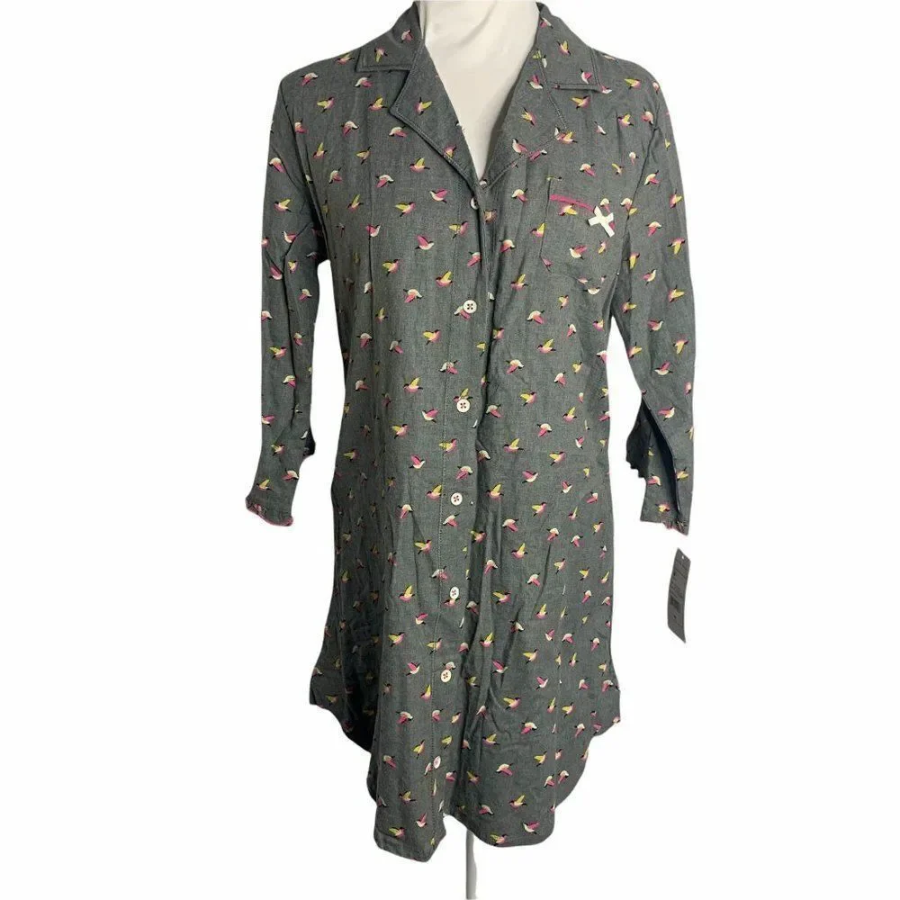 Olsenboyle Bird Print Sleep Shirt M Grey Button Front Pocket Long Sleeve Pajama